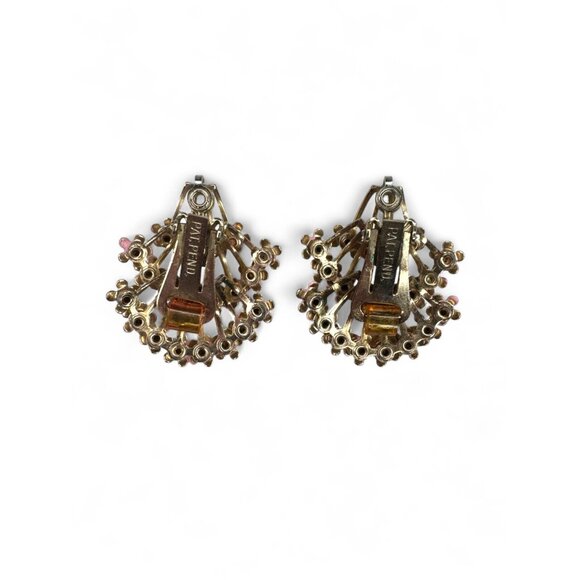 Vintage Pink Enamel Clear Rhinestone Floral Brooch Clip On Earrings Set - Picture 9 of 11